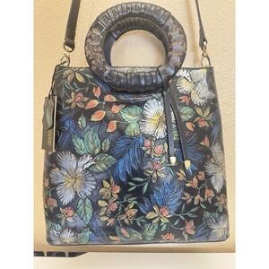 Pijushi Floral Painted Satchel/shoulder Leather Bag Fashion Stunning Wood Handle